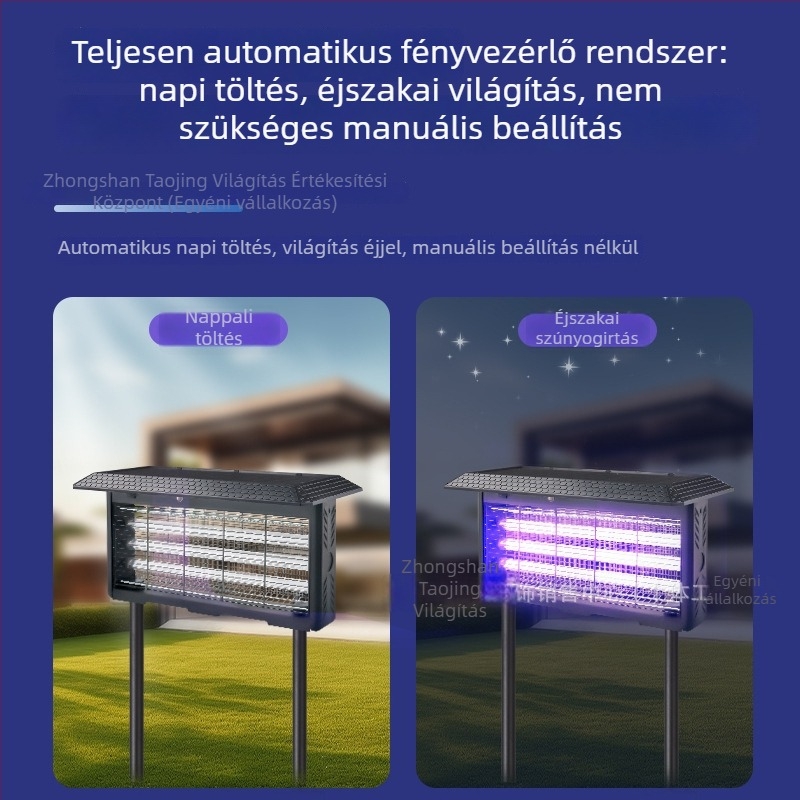 Szúnyogölő lámpa – kültéri használat, elektromos sokk, UV-A lila fény vonzás, Li-Po akkumulátor 1200–1500 mAh (kivehető), lefedettség 61 m²
