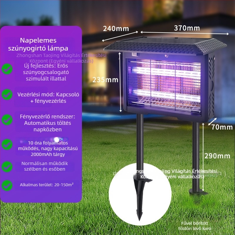 Szúnyogölő lámpa – kültéri használat, elektromos sokk, UV-A lila fény vonzás, Li-Po akkumulátor 1200–1500 mAh (kivehető), lefedettség 61 m²