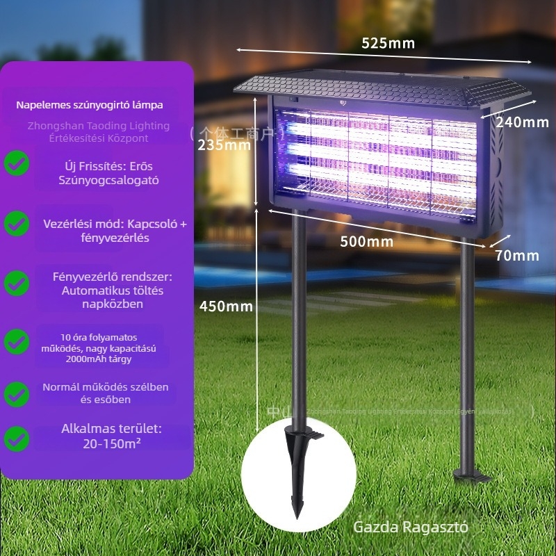 Szúnyogölő lámpa – kültéri használat, elektromos sokk, UV-A lila fény vonzás, Li-Po akkumulátor 1200–1500 mAh (kivehető), lefedettség 61 m²