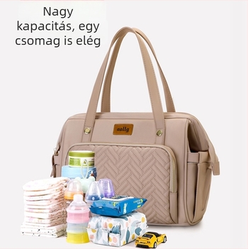 Nagy kapacitású anyuka-baba táska, szigetelt, többfunkciós vállon átvihető; külső nylon, kockás minta, belső poliészter