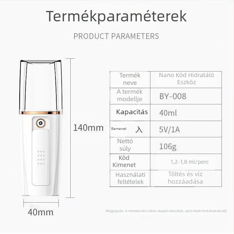 Arc hidratáló permetező készülék, hordozható, újratölthető szépség eszköz, Modell 008, hideg permet, legfeljebb 10 s