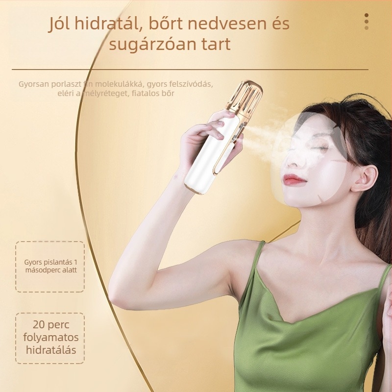 Kétszórós arcápoló gőzölő, hordozható hidratáló készülék, beépített 1000–1200 mAh akkumulátor, 2. fokozat, hideg permet, automatikus kikapcsolás