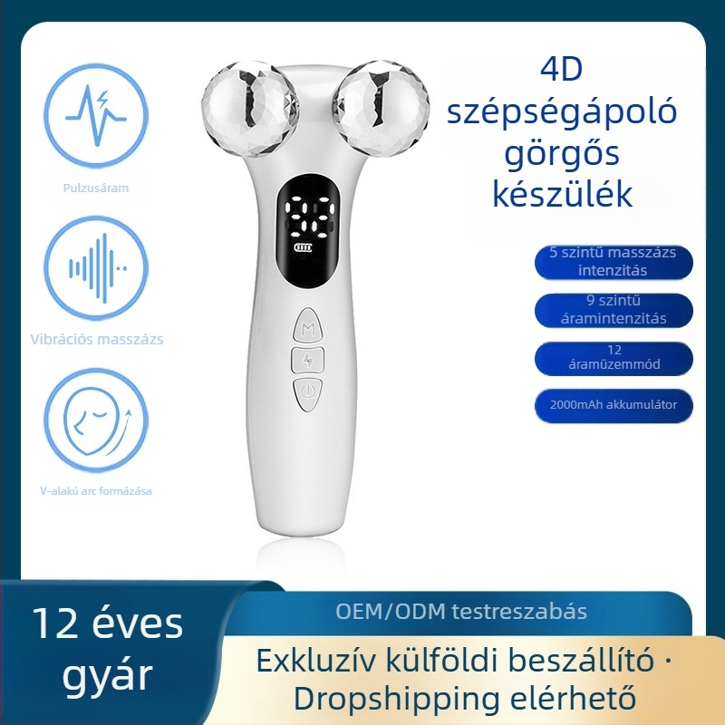 4D görgős impulzus masszírozó, V-arc formázás, nyak és arc masszázs, beépített 1000–1200 mAh akkumulátor, hordozható otthoni használatra, IPX0