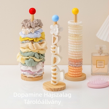 Fából készült hajkiegészítő tároló állvány, függőleges kivitel, karikatúra alakú, egyemeletes, összekapcsoló kivitel, nőies stílus