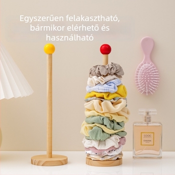 Fából készült hajkiegészítő tároló állvány, függőleges kivitel, karikatúra alakú, egyemeletes, összekapcsoló kivitel, nőies stílus