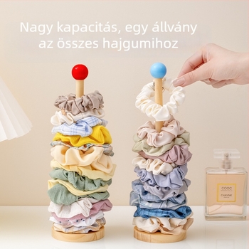 Fából készült hajkiegészítő tároló állvány, függőleges kivitel, karikatúra alakú, egyemeletes, összekapcsoló kivitel, nőies stílus