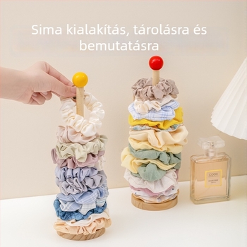 Fából készült hajkiegészítő tároló állvány, függőleges kivitel, karikatúra alakú, egyemeletes, összekapcsoló kivitel, nőies stílus
