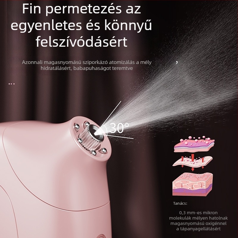 Myleno Hordozható kézi arckészülék: nano köd és hidratáló permetező, hideg pára; automatikus kikapcsolás; akkumulátor 300–500 mAh; üzemidő 1–3 óra; köd kimenet ≤10 s