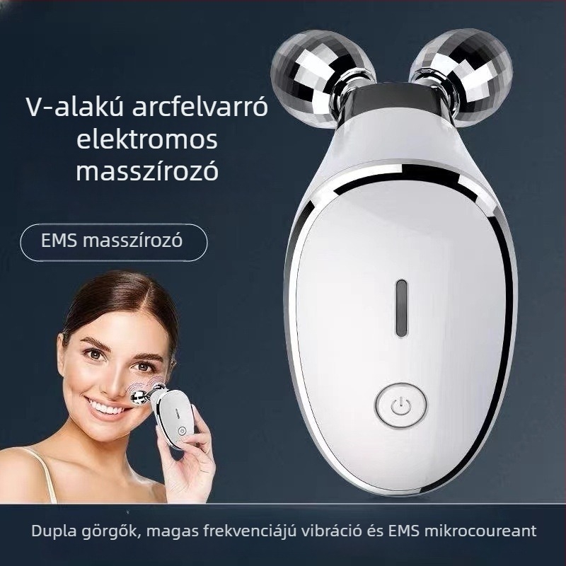 Arcmasszírozó – hordozható elektromos arcmasszírozó EMS magas frekvenciájú rollerrel, dupla golyóval, beépített akkumulátor 500–800 mAh, IPX7