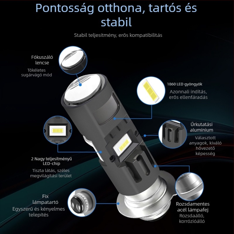 Motorker LED fényszóró lencsével P15D/H4, rögzítés: egykaros vagy háromkaros (12V, alumínium, LEDs, AAAAA, 50000 h)