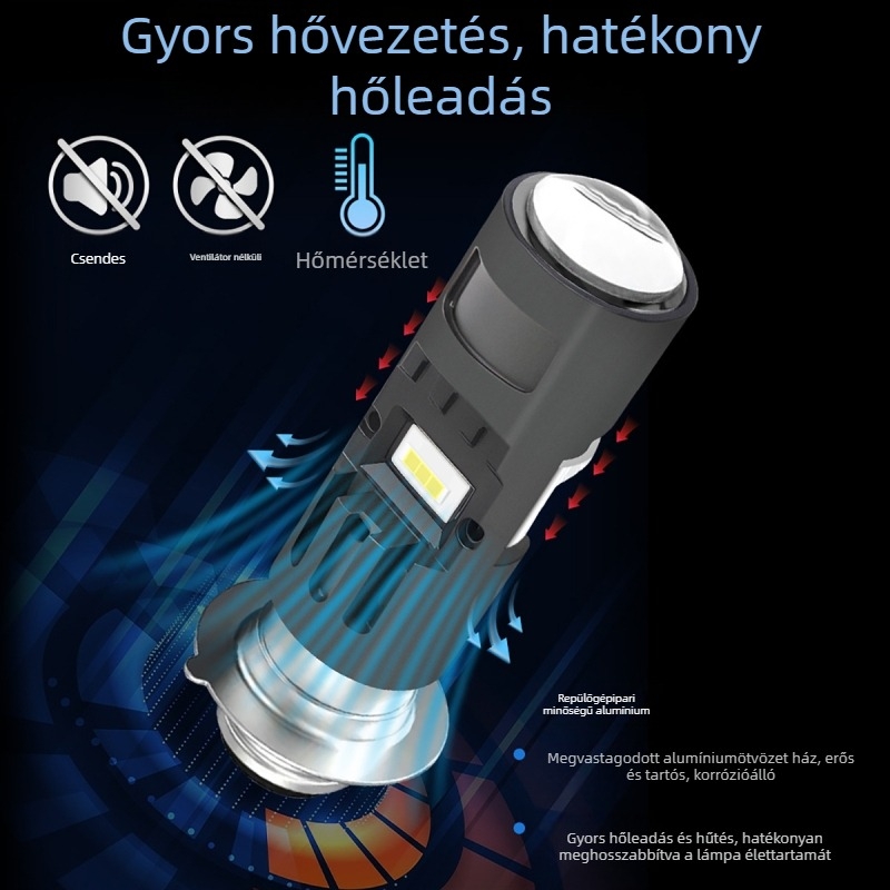 Motorker LED fényszóró lencsével P15D/H4, rögzítés: egykaros vagy háromkaros (12V, alumínium, LEDs, AAAAA, 50000 h)