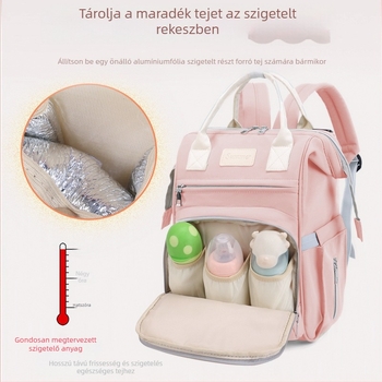 Nagy kapacitású kismama táska több rekesszel és hőszigetelt tejtároló rekeszekkel, hordozható, többfunkciós a mama és a baba számára (Anyag: Nylon; Belső: Poliészter; Mintázat: Egyszínű; Babakocsihoz csatlakoztatható)
