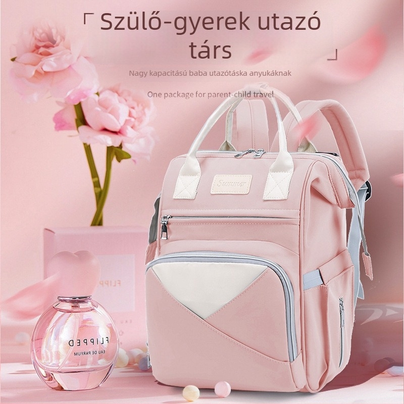 Nagy kapacitású kismama táska több rekesszel és hőszigetelt tejtároló rekeszekkel, hordozható, többfunkciós a mama és a baba számára (Anyag: Nylon; Belső: Poliészter; Mintázat: Egyszínű; Babakocsihoz csatlakoztatható)