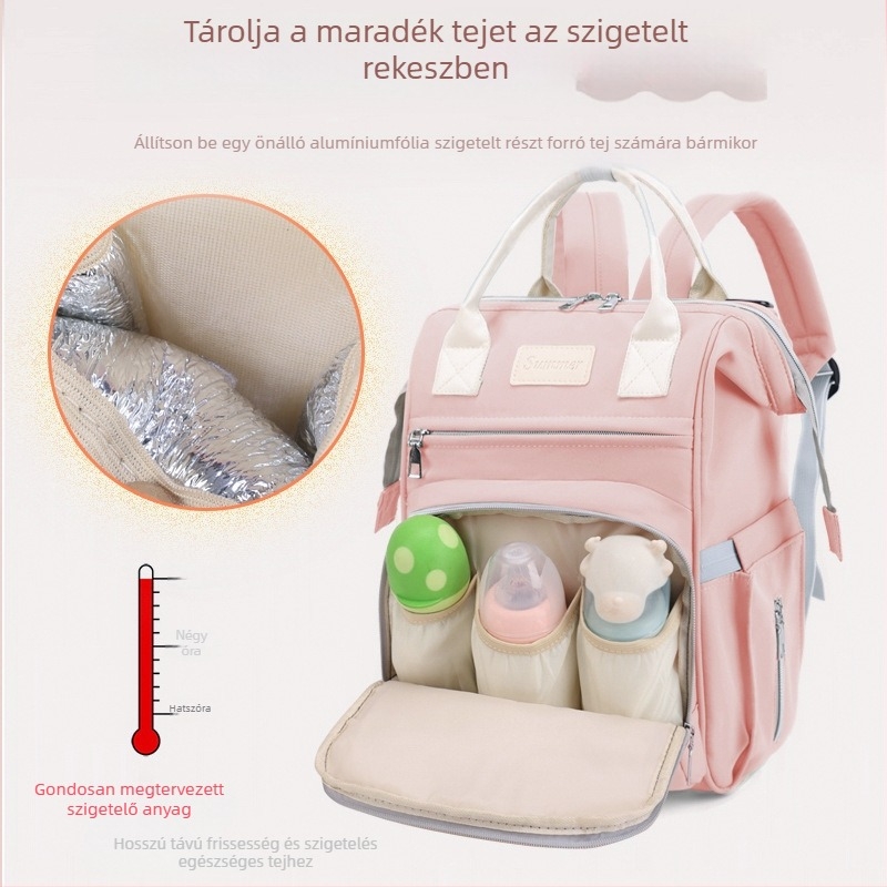 Nagy kapacitású kismama táska több rekesszel és hőszigetelt tejtároló rekeszekkel, hordozható, többfunkciós a mama és a baba számára (Anyag: Nylon; Belső: Poliészter; Mintázat: Egyszínű; Babakocsihoz csatlakoztatható)