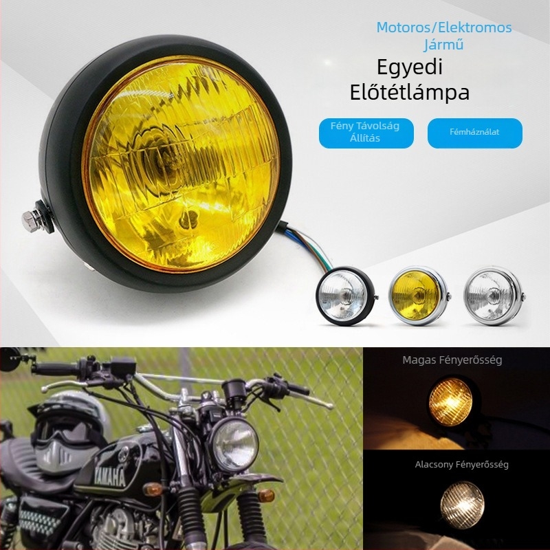 Motorkerékpár fényszóró retro kerek, krómozott test, JH125, 35W, 12V, halogén