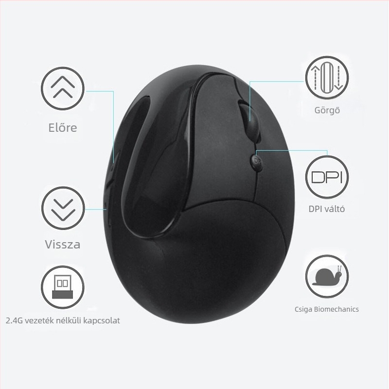 Vezeték nélküli balkezes ergonómikus egér, 1000 DPI, 6 gomb, USB vevő, 2×AA elemmel működik