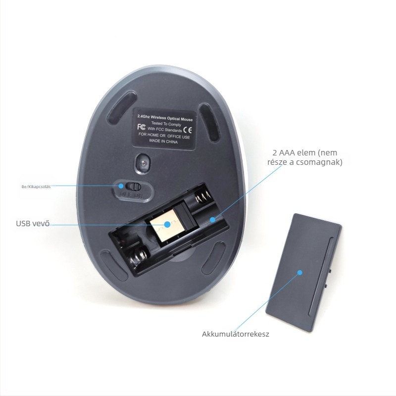 Vezeték nélküli balkezes ergonómikus egér, 1000 DPI, 6 gomb, USB vevő, 2×AA elemmel működik