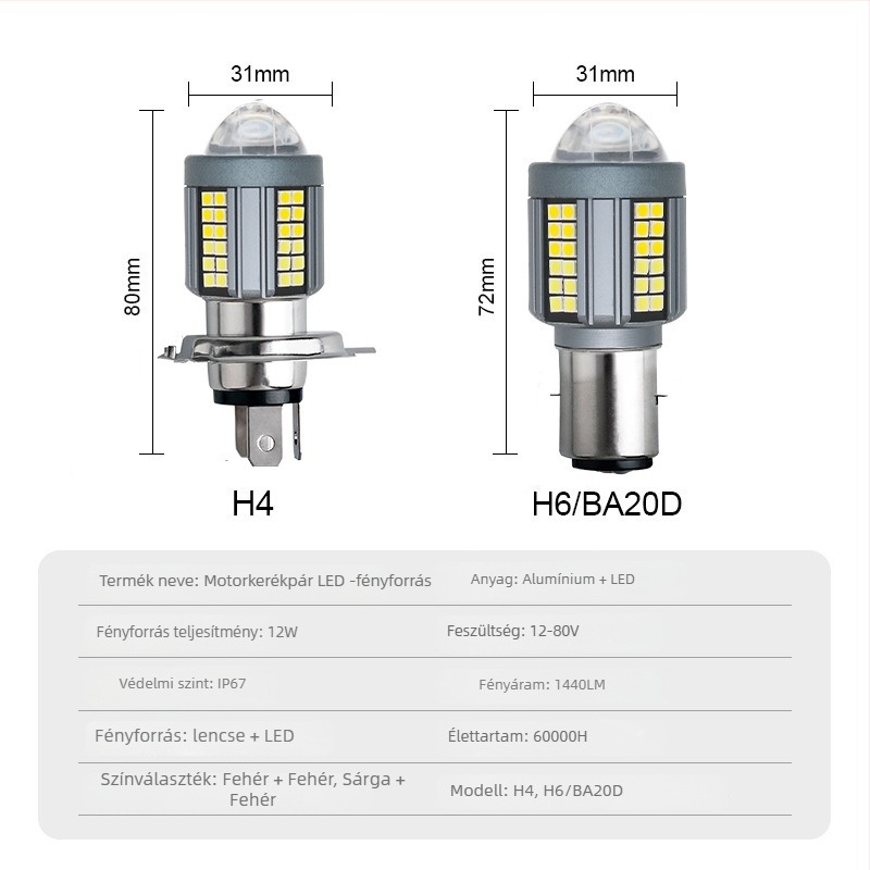 LED motorkerékpár fényszóró lencsés H4/Ba20d – alumínium, 25W, 12–80V, 5000 lm, IP67
