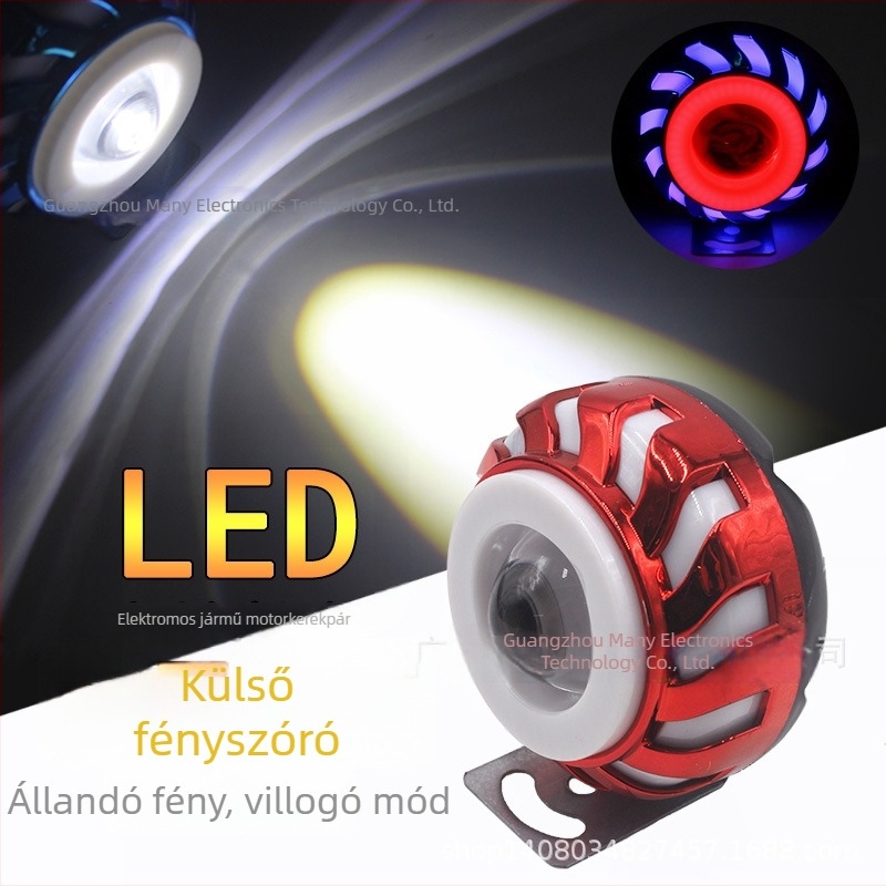 Motorkerékpár LED fényszóró, 12V, 8W, elektroplattolt ház, angyalszem és démoni szem