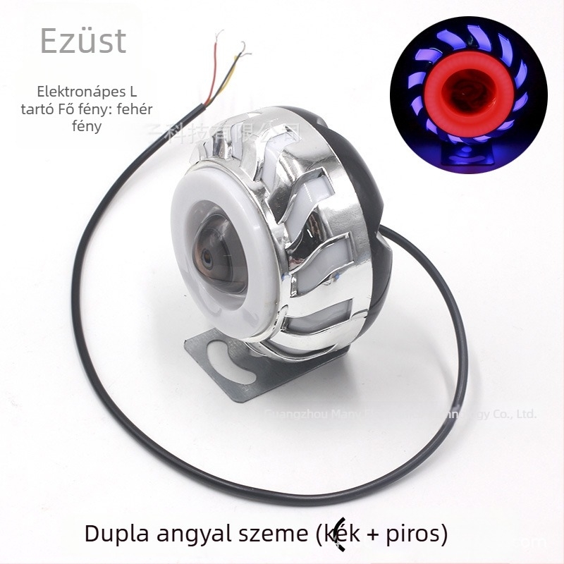 Motorkerékpár LED fényszóró, 12V, 8W, elektroplattolt ház, angyalszem és démoni szem