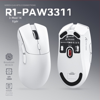 Attack Shark R1 játékegér PAW3311 szenzorral, 18000 DPI, 6 gomb, három üzemmód: USB, Bluetooth és vezeték nélküli