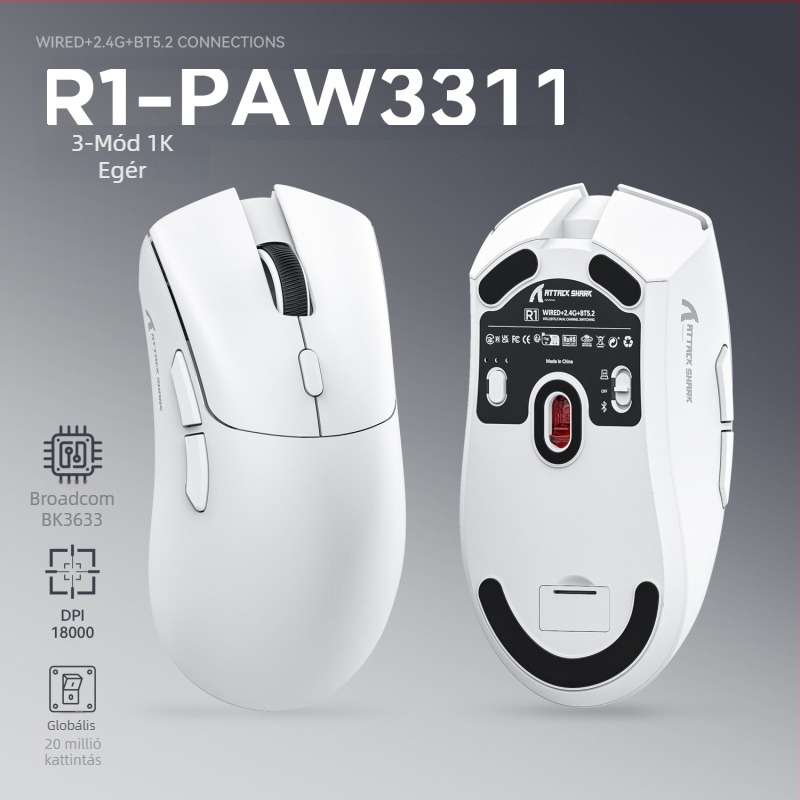Attack Shark R1 játékegér PAW3311 szenzorral, 18000 DPI, 6 gomb, három üzemmód: USB, Bluetooth és vezeték nélküli
