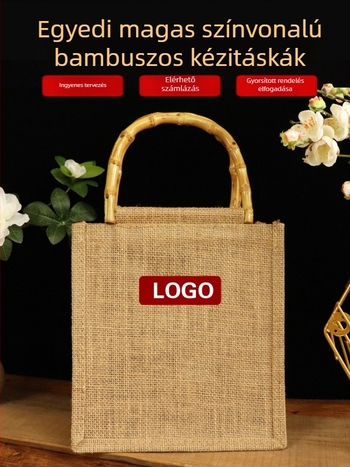 Hagyományos stílusú hímzett pamut–len tote táska bambusz fogantyúval, kender bélés, nyitott felső