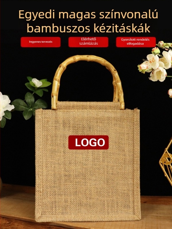 Hagyományos stílusú hímzett pamut–len tote táska bambusz fogantyúval, kender bélés, nyitott felső