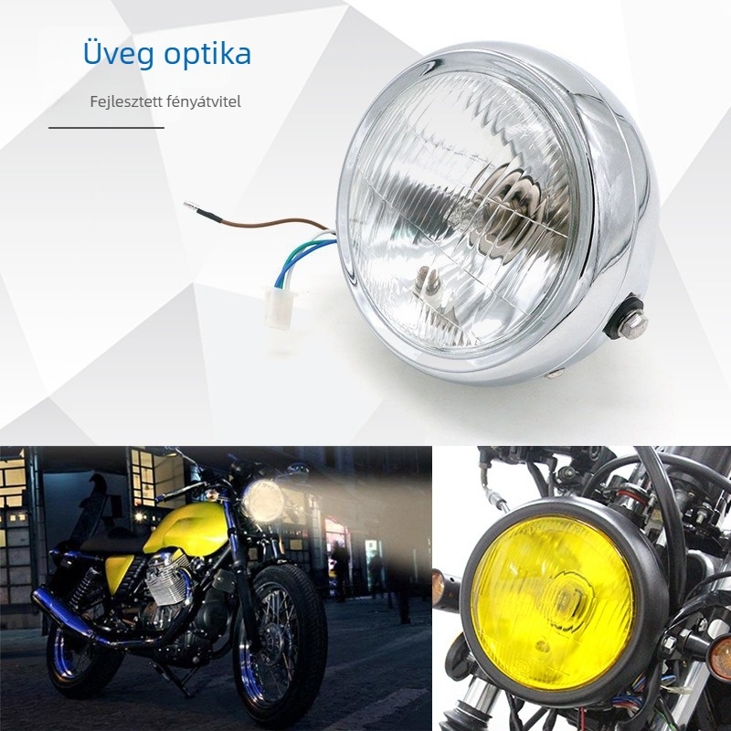 Motorkerékpár körlámpa, 6 hüvelykes, 35W 12V, vas test, modell JH8, levehető lencse