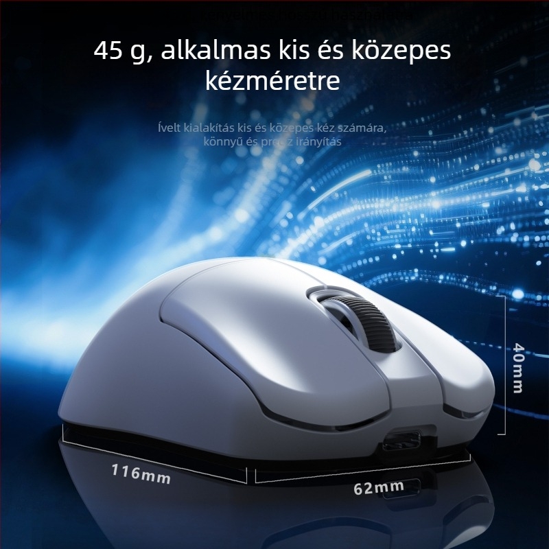 Optikai vezeték nélküli gaming egér három kapcsolódási móddal: 2.4G, Bluetooth és kábelről töltés; 26000 DPI, 6 gomb, tömeg 40 g