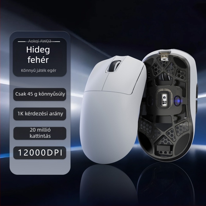 Optikai vezeték nélküli gaming egér három kapcsolódási móddal: 2.4G, Bluetooth és kábelről töltés; 26000 DPI, 6 gomb, tömeg 40 g