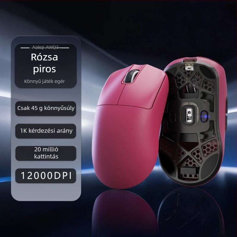 Optikai vezeték nélküli gaming egér három kapcsolódási móddal: 2.4G, Bluetooth és kábelről töltés; 26000 DPI, 6 gomb, tömeg 40 g