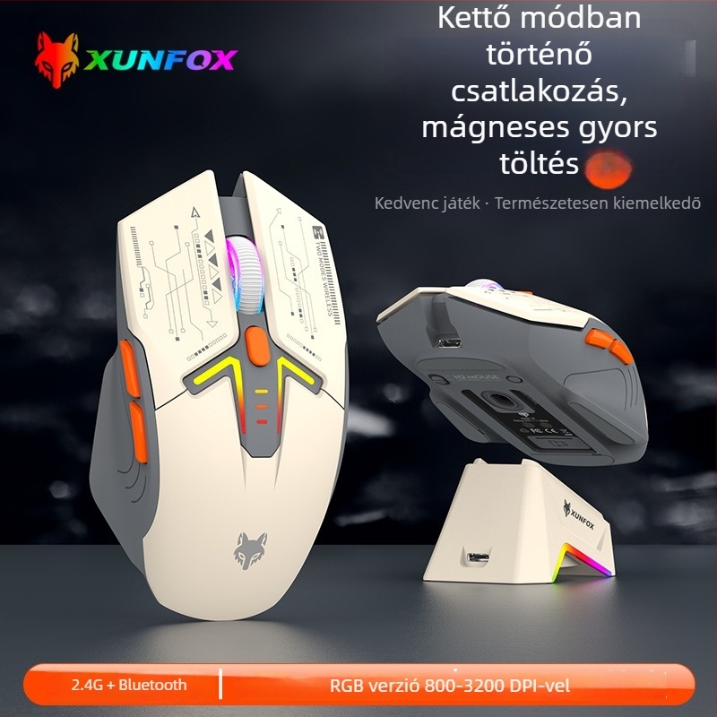 Vezeték nélküli Bluetooth kettős üzemmódú egér RGB világítással, 1600 DPI, 7 gomb, USB interfész, 2.4G+Bluetooth, beépített újratölthető akkumulátor és töltőalapzat