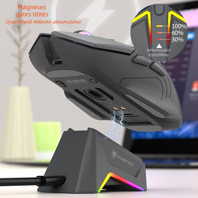 Vezeték nélküli Bluetooth kettős üzemmódú egér RGB világítással, 1600 DPI, 7 gomb, USB interfész, 2.4G+Bluetooth, beépített újratölthető akkumulátor és töltőalapzat