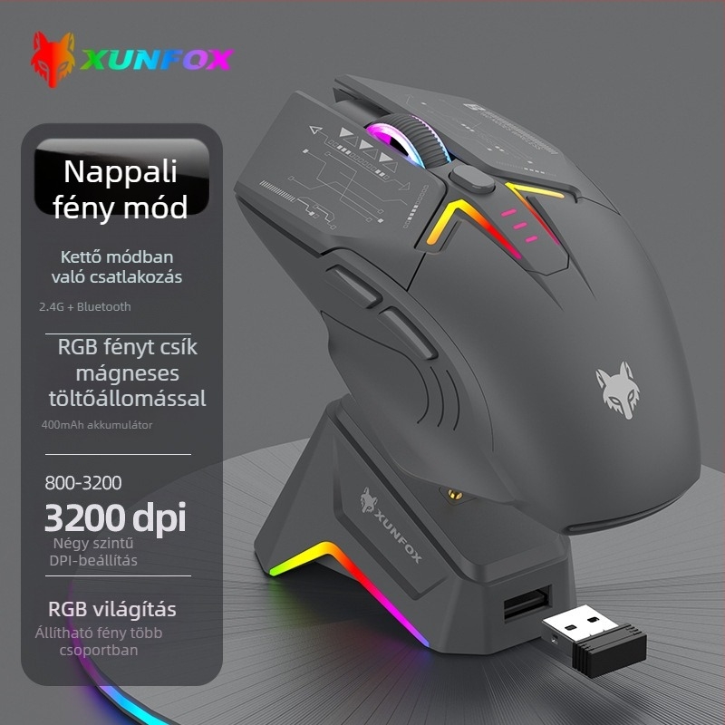 Vezeték nélküli Bluetooth kettős üzemmódú egér RGB világítással, 1600 DPI, 7 gomb, USB interfész, 2.4G+Bluetooth, beépített újratölthető akkumulátor és töltőalapzat