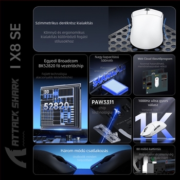 Gaming egér ATTACK SHARK X8SE hárommódos kapcsolattal: kábeles, 2.4G és Bluetooth; 22000 DPI, 6 gomb, beépített újratölthető akkumulátor
