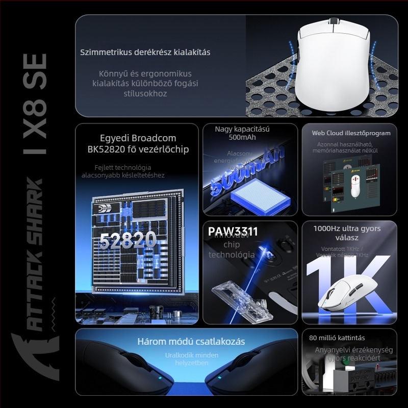 Gaming egér ATTACK SHARK X8SE hárommódos kapcsolattal: kábeles, 2.4G és Bluetooth; 22000 DPI, 6 gomb, beépített újratölthető akkumulátor