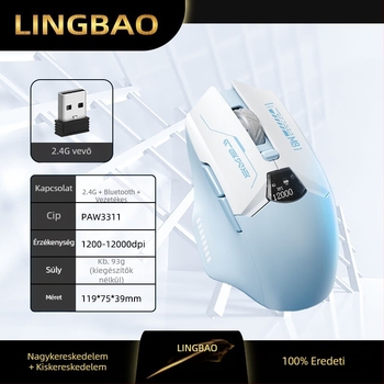 Hárommódos vezeték nélküli egér: 2.4G/Bluetooth/USB, akkumulátor-szint kijelző, 6 gomb, DPI négy szinten állítható, 10 m-es hatótávolság, újratölthető