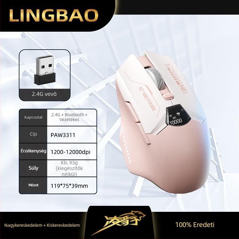 Hárommódos vezeték nélküli egér: 2.4G/Bluetooth/USB, akkumulátor-szint kijelző, 6 gomb, DPI négy szinten állítható, 10 m-es hatótávolság, újratölthető