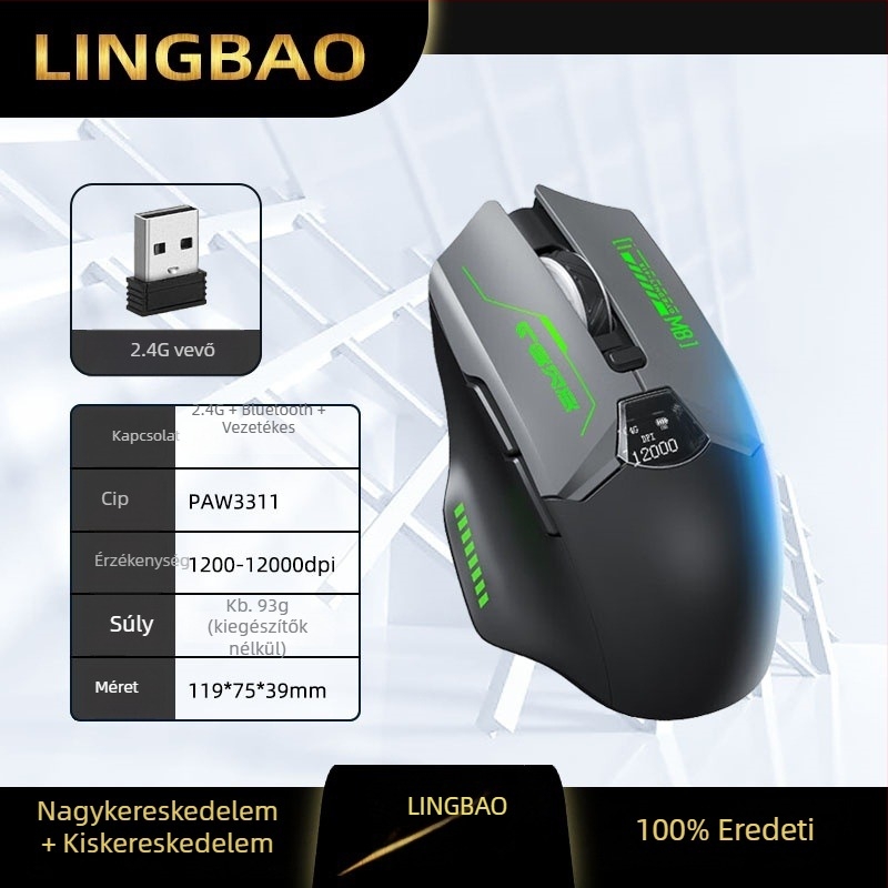Hárommódos vezeték nélküli egér: 2.4G/Bluetooth/USB, akkumulátor-szint kijelző, 6 gomb, DPI négy szinten állítható, 10 m-es hatótávolság, újratölthető