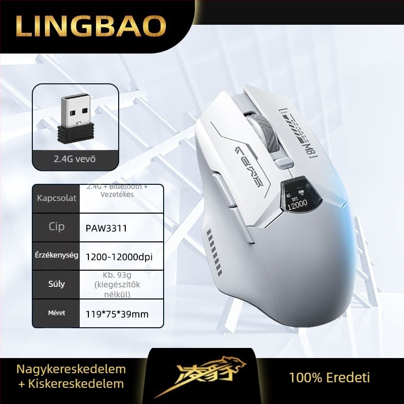 Hárommódos vezeték nélküli egér: 2.4G/Bluetooth/USB, akkumulátor-szint kijelző, 6 gomb, DPI négy szinten állítható, 10 m-es hatótávolság, újratölthető