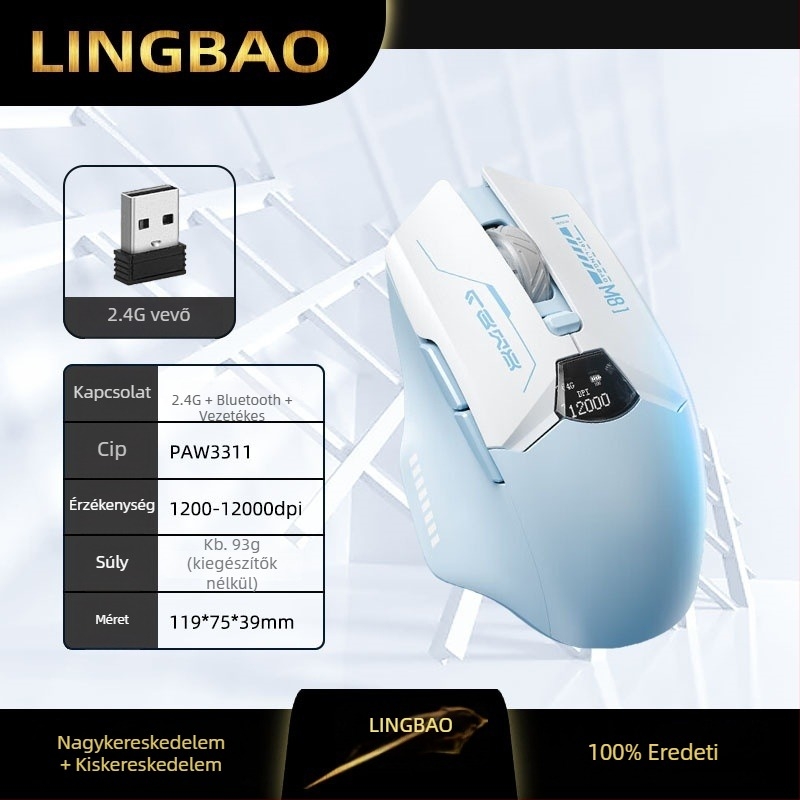 Hárommódos vezeték nélküli egér: 2.4G/Bluetooth/USB, akkumulátor-szint kijelző, 6 gomb, DPI négy szinten állítható, 10 m-es hatótávolság, újratölthető