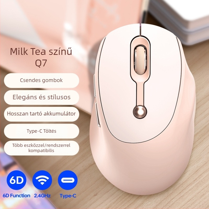 T-Wolf Q7 vezeték nélküli egér kettős Bluetooth és 2.4G üzemmóddal, USB Type-C töltés, akkumulátor kijelző, csendes működés, 6 gomb
