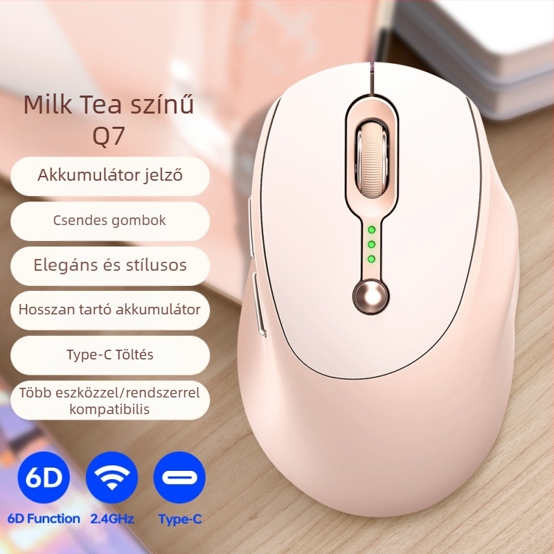 T-Wolf Q7 vezeték nélküli egér kettős Bluetooth és 2.4G üzemmóddal, USB Type-C töltés, akkumulátor kijelző, csendes működés, 6 gomb