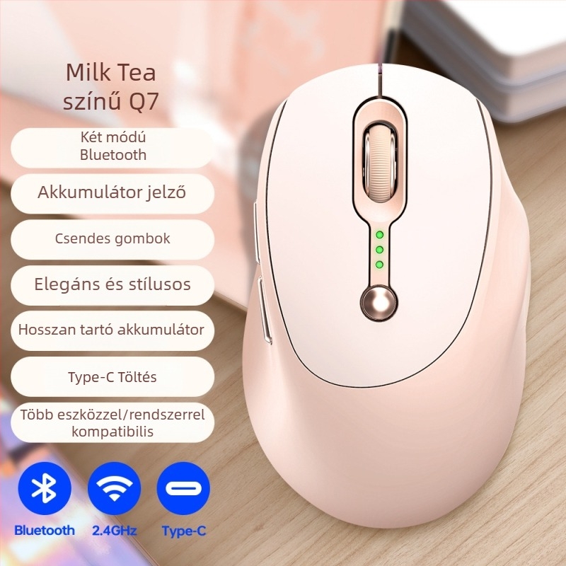 T-Wolf Q7 vezeték nélküli egér kettős Bluetooth és 2.4G üzemmóddal, USB Type-C töltés, akkumulátor kijelző, csendes működés, 6 gomb