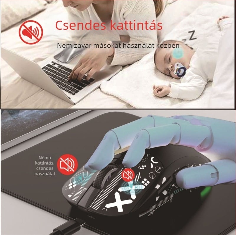 Optikai egér három módú csatlakozással: 2.4G/BT5.3/wired, 3600 dpi, 6 gomb, ergonómiai kialakítás