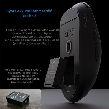 Gpw G3 Gaming Wireless Mouse - 3 üzemmód, PAW3311 szenzor, 12000 DPI, USB, 2.4G/Bluetooth