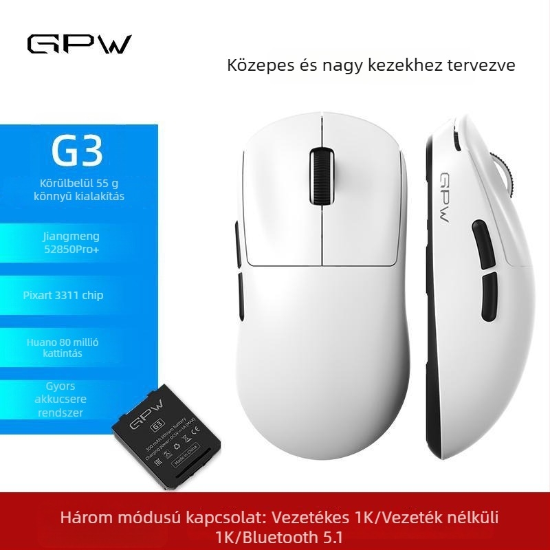 Gpw G3 Gaming Wireless Mouse - 3 üzemmód, PAW3311 szenzor, 12000 DPI, USB, 2.4G/Bluetooth