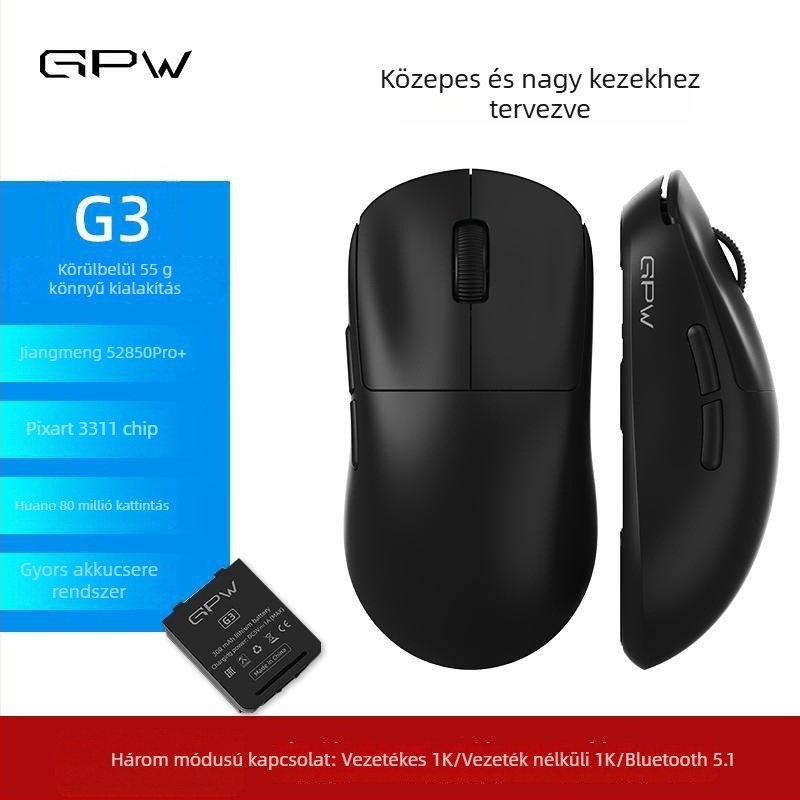 Gpw G3 Gaming Wireless Mouse - 3 üzemmód, PAW3311 szenzor, 12000 DPI, USB, 2.4G/Bluetooth