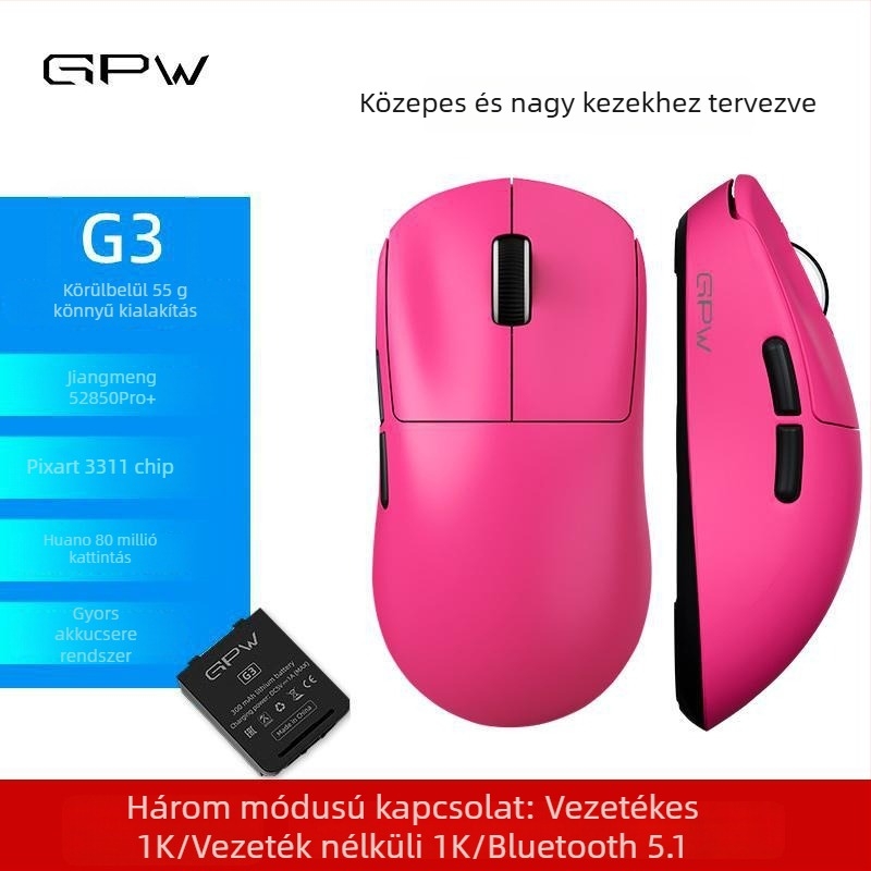 Gpw G3 Gaming Wireless Mouse - 3 üzemmód, PAW3311 szenzor, 12000 DPI, USB, 2.4G/Bluetooth
